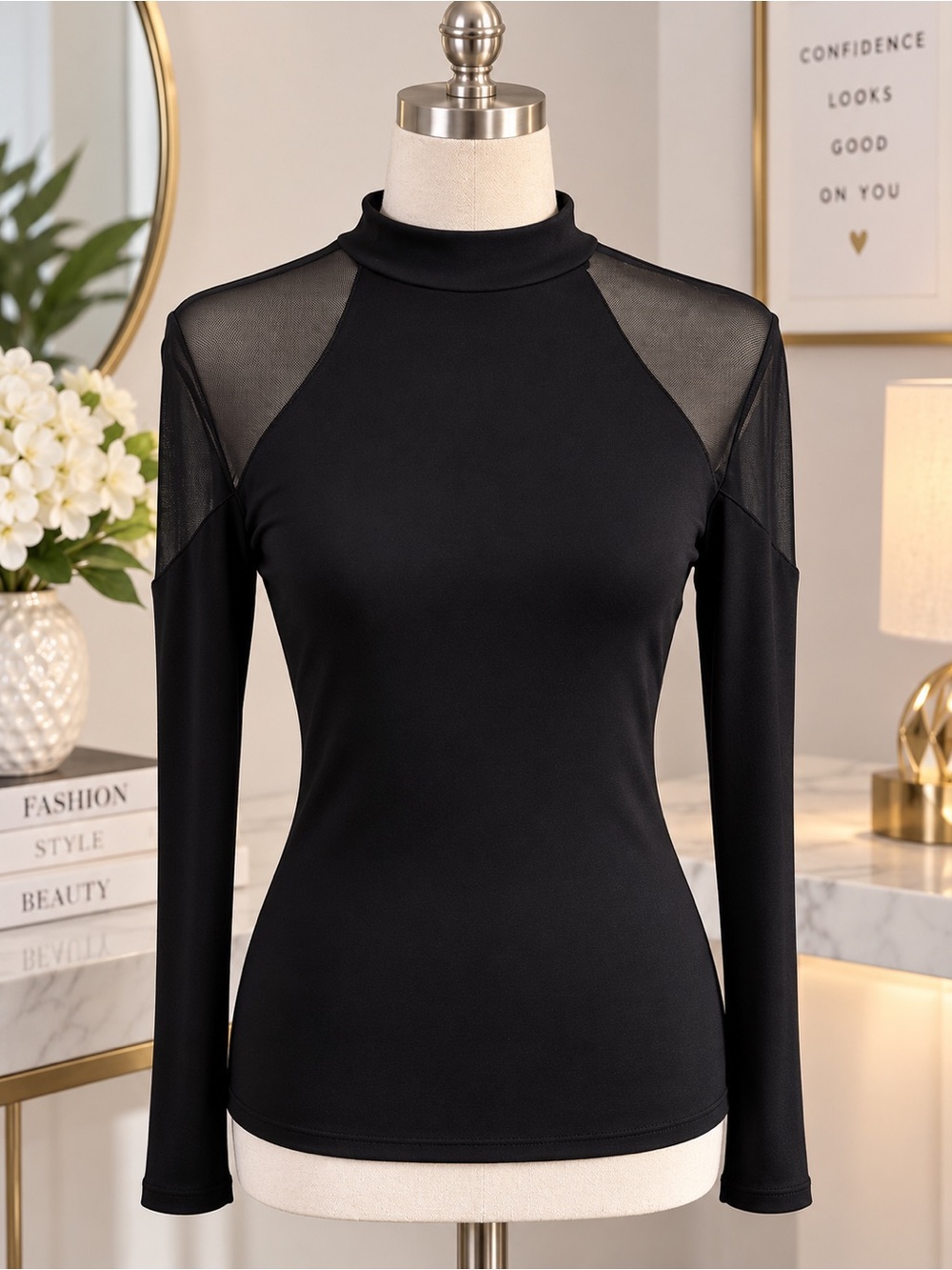 Charlotte Russe Black Long-Sleeve Mock Neck Top with Mesh Shoulders